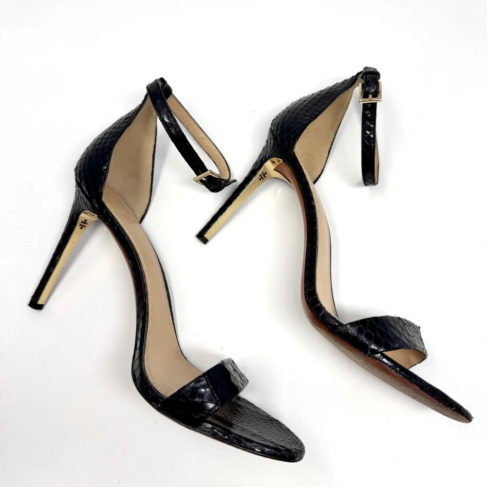 Tory Burch Keri Black Snakeskin Ankle Strap Stiletto Heels Sandals